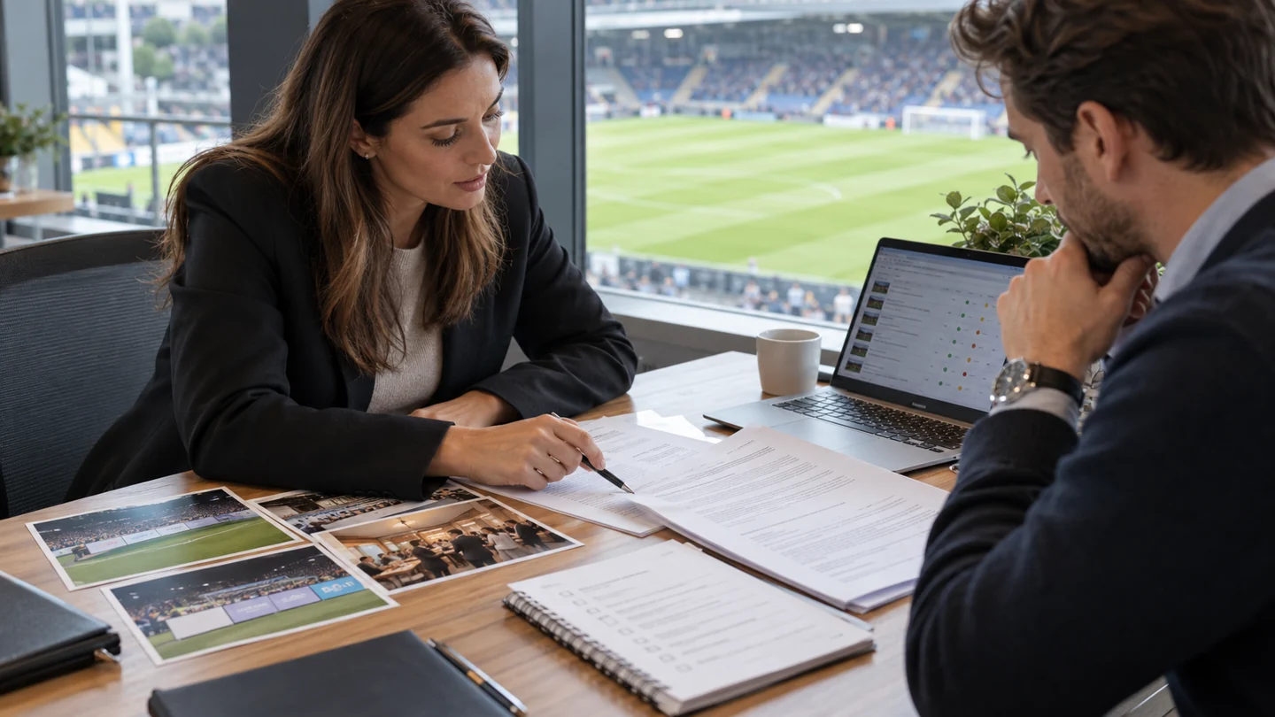A sponsorship team reviewing agreements, a tracker and event fulfilment photographs at a stadium